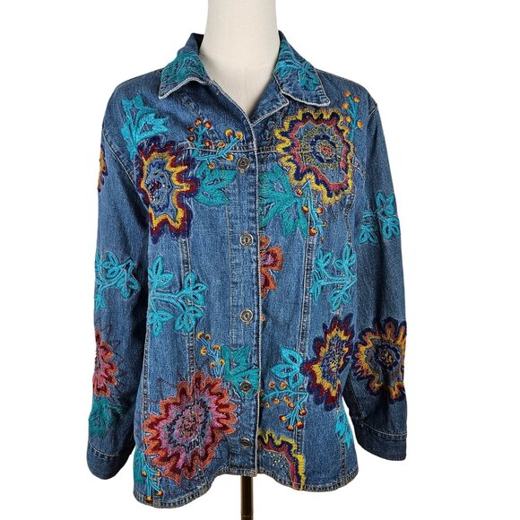 Chicos Design Embroidered Denim Jacket Size Medium 1 Boho Floral Artsy Blue - Picture 2 of 11